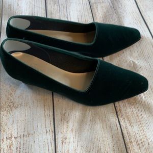 Green velvet with satin trim. 2 inch heel. Size 10